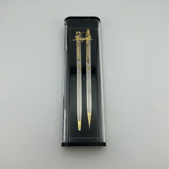 Scripto B-324 Pen and Pencil Gift Set - Chrome with Gold Trim - Picture 1 of 2